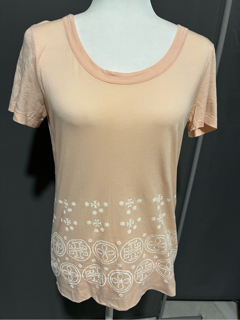 Tory Burch Peach Short Sleeve Scoop Neck Tee with White Embroidered Hem
